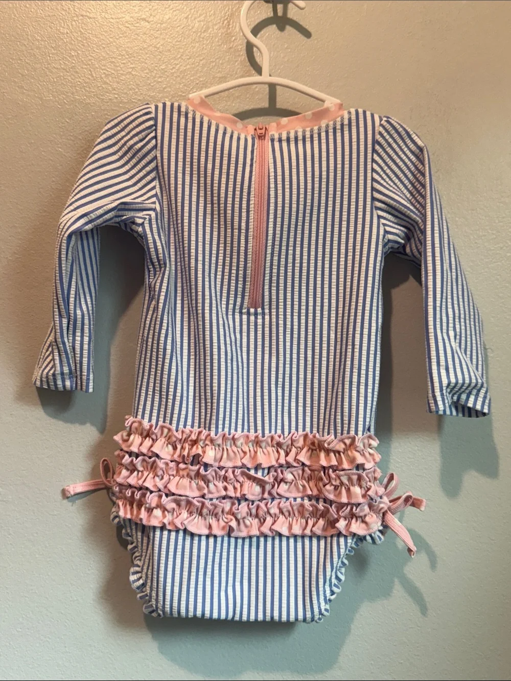 Ruffle Butts 12 - 18 Months Blue White Stripe Long Sleeve One Piece Pink Trim